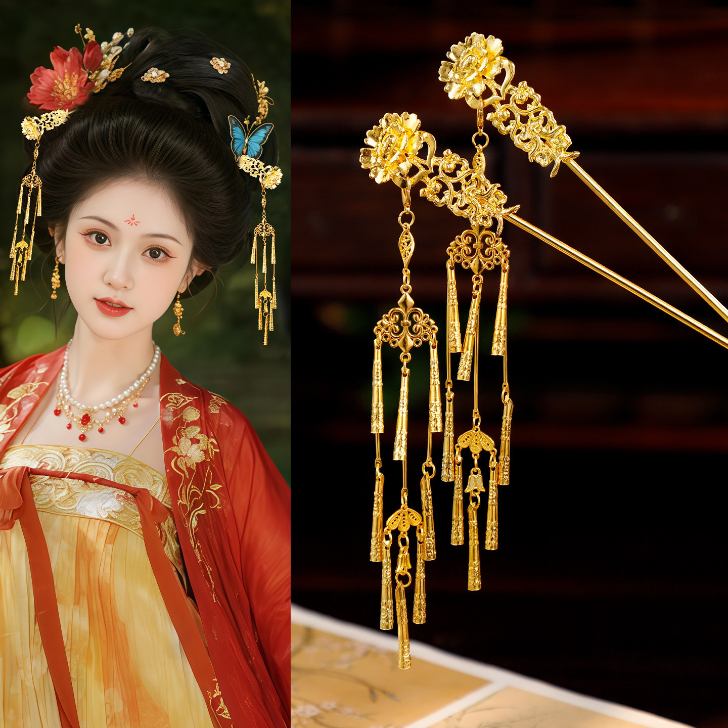 汉服复古中式金色立体花朵长流苏发簪汉服高级感流苏可拆卸发饰女