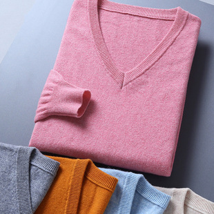Large Size Wool Sweater Men's V-neck Korean Loose Solid Color Knitted Base Shirt Spring and Autumn Large Size Solid Color Casual Sweater