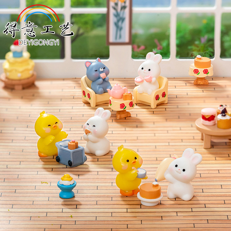 Micro Landscape Cartoon Cute Tea Party Small Animal Doll DIY Doll House Decorations Accessories Desktop Resin Small Ornaments