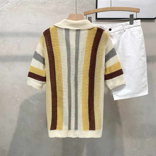 Men's Vintage Light Mature Vacation Style Dopamine Striped Loose Casual T-shirt with Lattice Knit