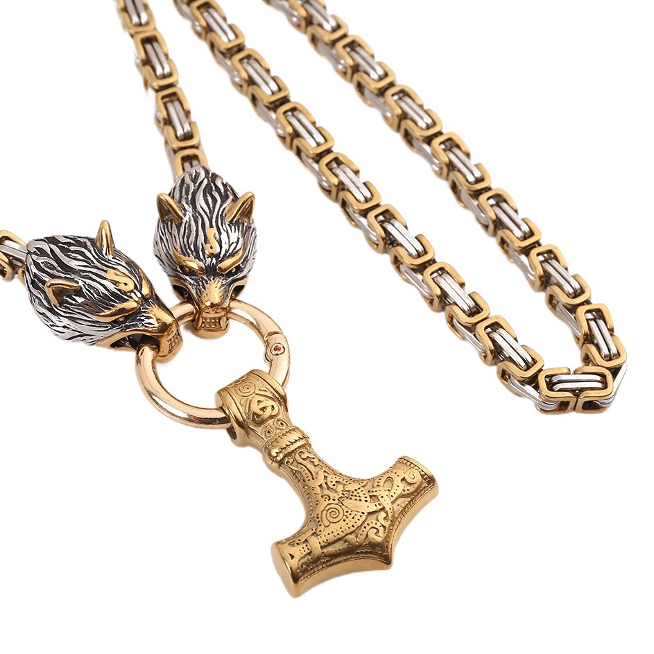 Cross-border exclusivo vintage Nordic Viking cabeza de Lobo de acero inoxidable Thor martillo colgante collar de oro al por mayor