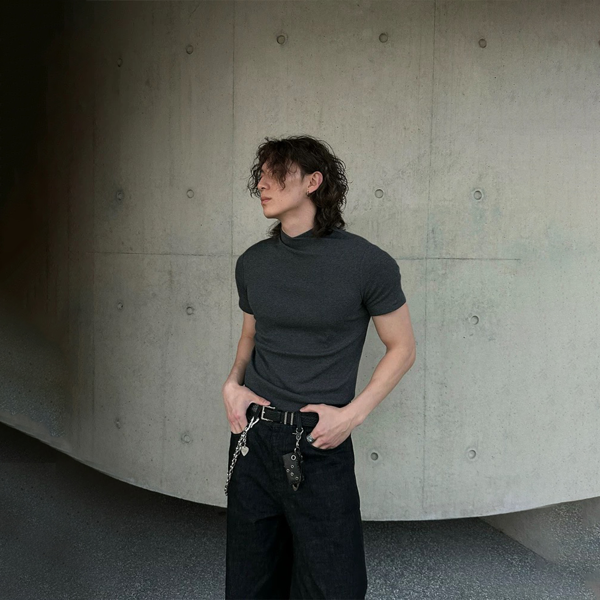 【JMWH】Slight Vogue丨クロスワンピースカラー右肩ポリフォニーニットスリムTシャツは着痩せ効果抜群で万能