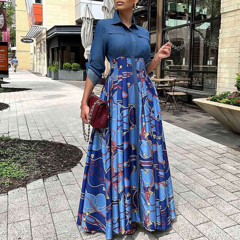 C8551 autumn and winter New plus size women's clothing fashion casual Denim stitching printed long dress large swing foreign trade dress