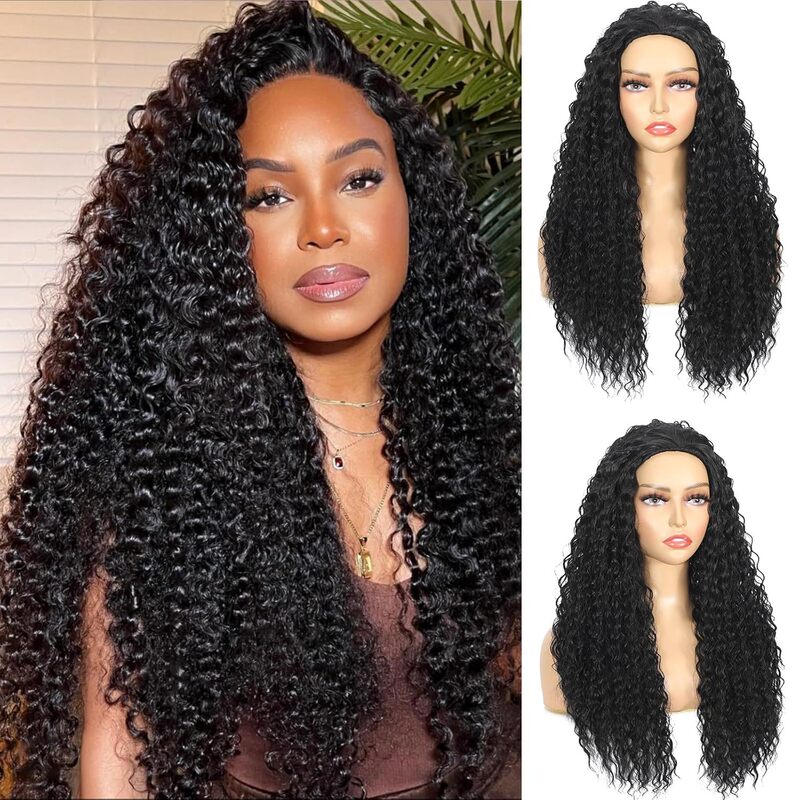 Amazon's Best-Selling Wig for Women, Black Small Curly Long Curly Hair Three-In-One Chemical Fiber Headgear, Glue-Free Fluffy Wig