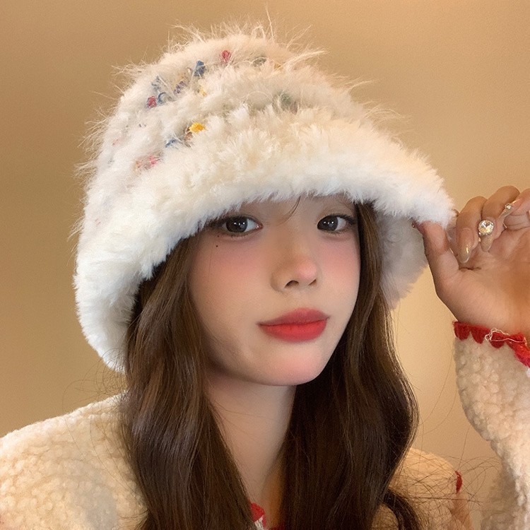 彩色小糖豆毛绒渔夫帽女秋冬季显脸小百搭毛线帽大头围帽子水桶帽|undefined