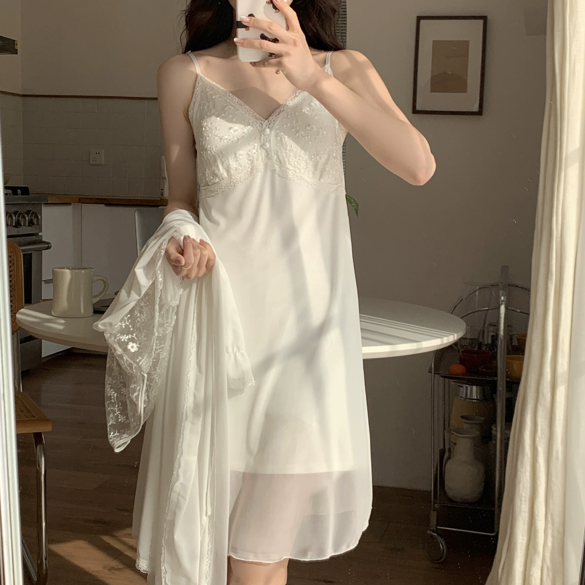Милый пижамный комплект, халат, набор, сексуальное slipsdress, длинные рукава, французский стиль