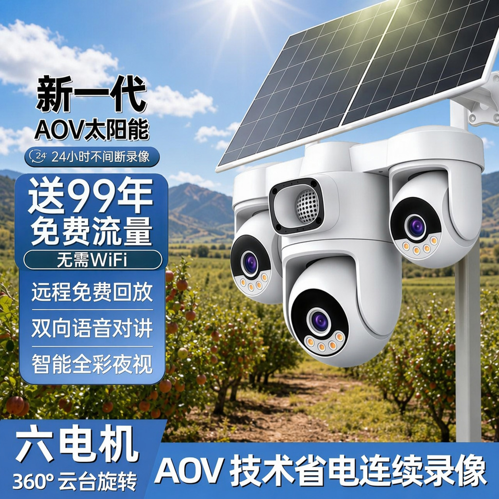 Cross-Border Three-Lens Aov Solar Surveillance Camera Outdoor Monitor Without Electricity or Internet 360-Degree High-Definition Night Vision