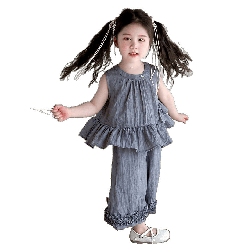 女童套装2025新款儿童夏款无袖纽扣背心荷叶边薄款阔腿裤两件套潮|undefined