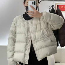 羽绒服女2025冬季新款简约复古风包边圆领轻薄短款白鸭绒宽松外套