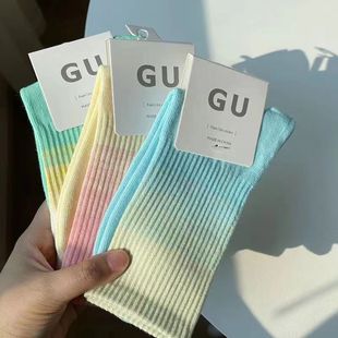 Tie-Dye Gradient Color Socks for Women, Mid-Calf Length, Suitable for All Seasons, Autumn and Winter, Trendy Ins Style, College Style, Simple Candy Color Sports Socks, Ins Style