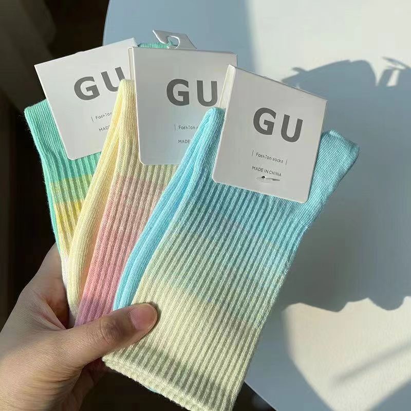 Tie-Dye Gradient Color Socks for Women, Mid-Calf Length, Suitable for All Seasons, Autumn and Winter, Trendy Ins Style, College Style, Simple Candy Color Sports Socks, Ins Style