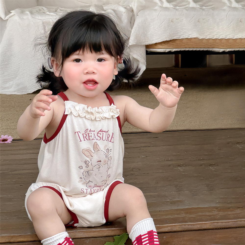 Ropa de bebé, tirantes, pedo, bebé de verano, mamelucos delgados súper extranjeros, cuello de encaje, conejito, una pieza
