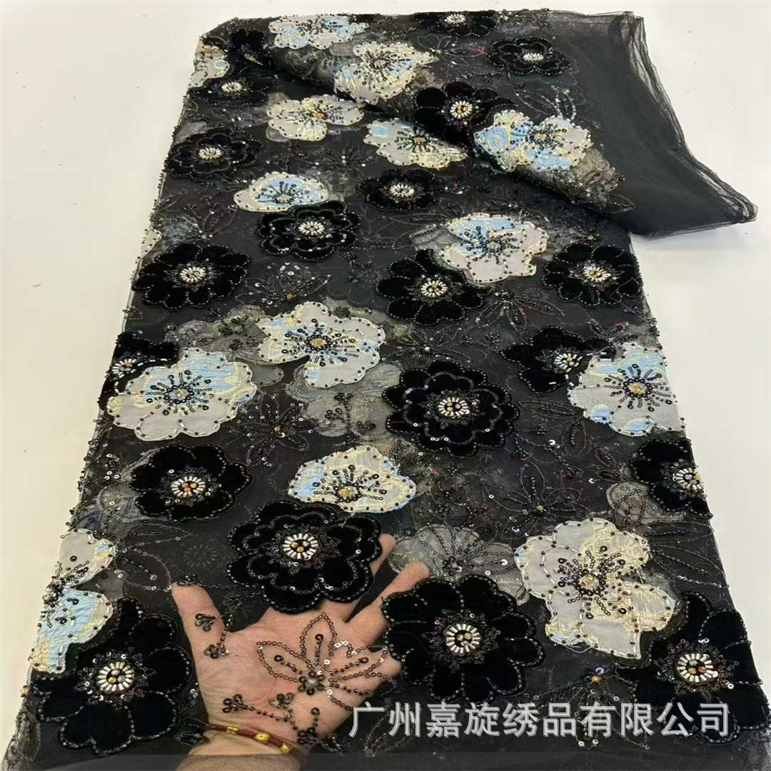Nuevo oro estampado ogan tela de bordado láser flocado retro chino cheongsam vestido de moda tela de encaje