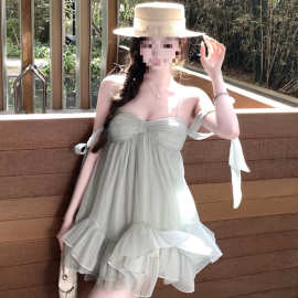 原版做法有内里海边度假风吊带连衣裙夏设计感露背雪纺a字短裙子