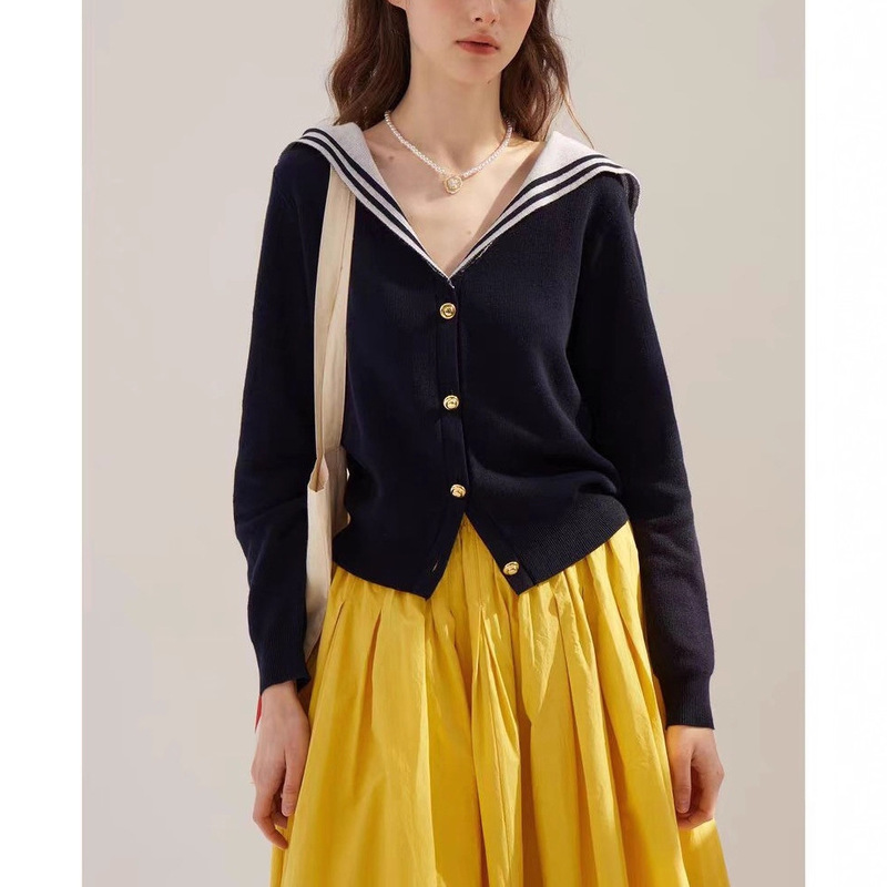 Sllenger French Navy Style Autumn Skin-Friendly Wool Blend Slim Fit Navy Blue V-Neck Knit Sweater for Women Sllenger French Navy Style Autumn Skin-Friendly Wool Blend Slim Fit Navy Blue V-Neck Knit Sweater for Women