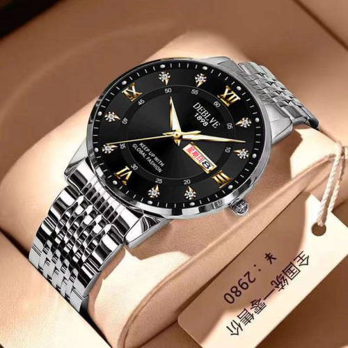 Classic fashionable ultra-thin luminous double calendar steel band men's watch waterproof diamond nine-bead band solid watch