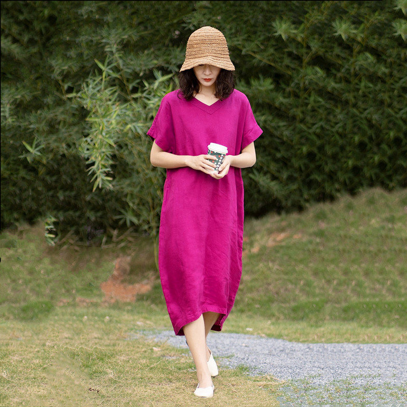 Original Linen Robe dress Artistic Short-sleeved Summer New Rose Red Loose Vacation Artistic Purple Brand Original Linen Robe dress Artistic Short-sleeved Summer New Rose Red Loose Vacation Artistic Purple Brand