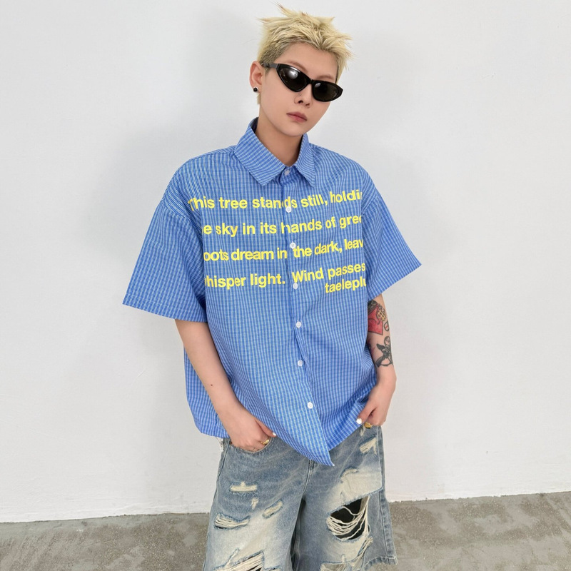 American Retro Letter Print Blue and White Plaid Short-Sleeved Shirt Loose Casual Men's and Women's Couple Shirt with Lapel