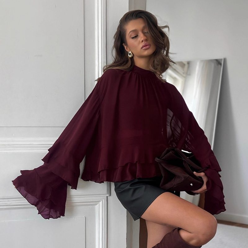 European and American Court-Style Brown Ruffled Chiffon Top for Women, Spring High-End Lace Stand-Up Collar Shirt, Commuter Women's Clothing
