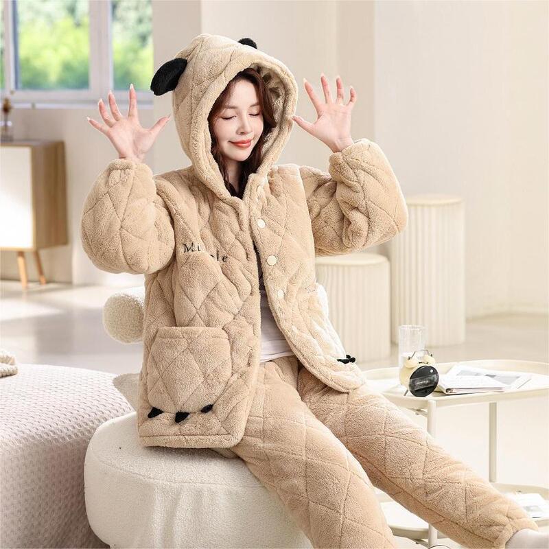 2024 Pajamas Women's Winter Cute Bear Zipper Hooded College Students Thickened Outer Wearing Winter Home Clothes suit