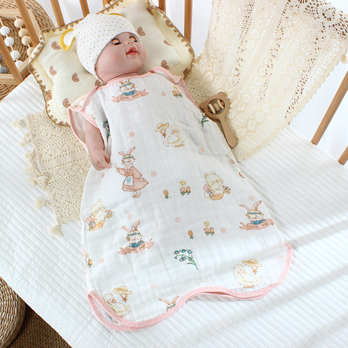 夏季薄款婴幼儿童高密四层纱布背心睡袋新生儿卡通印花泡泡纱
