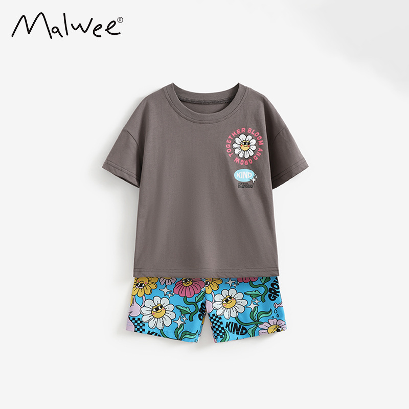 Malwee transfronterizo niños y niñas moda extranjera de moda set de verano nuevo cuello redondo de manga corta ropa de niños pequeños y medianos europeos