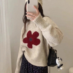 韩系羊驼绒花朵提花圆领毛衣女5秋冬新短套头毛针织衫衣