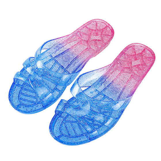 Two-color crystal slippers women's plastic material transparent glue jelly low heel Korean style indoor home use summer days