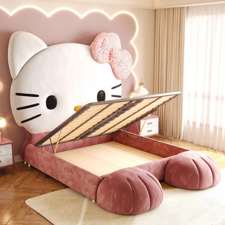 Cama infantil, cama princesa, cama individual de 1.5m, cama de gato rojo kt simple, cama de tela multifuncional moderna