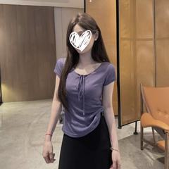 法式系带短袖T恤女夏季纯欲风辣妹设计感小个子修身显瘦上衣