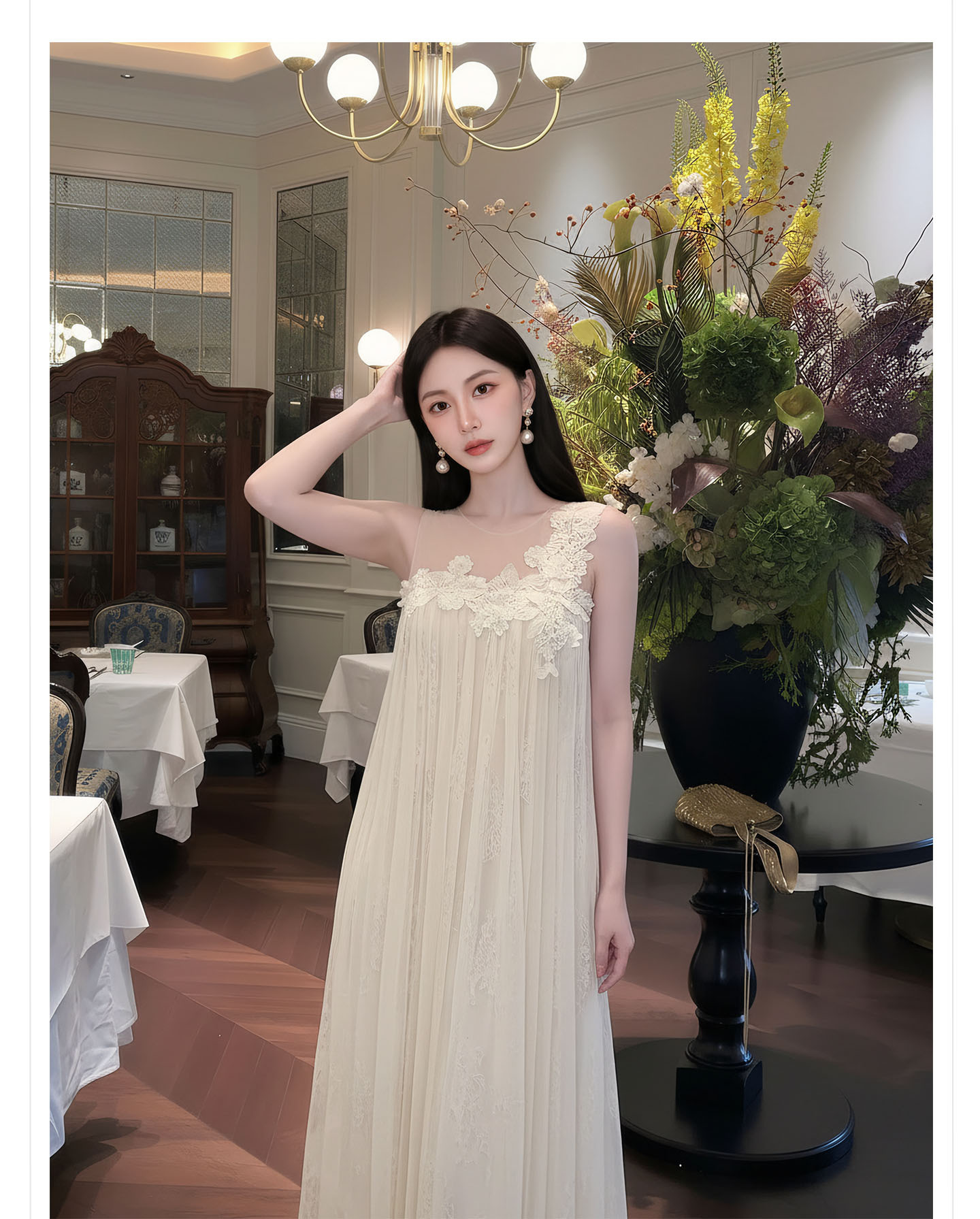 Đầm maxi nữ thắt eo ren hoa nổi lãng mạn phong cách nghỉ dưỡng — màu trắng ngà chi tiết 4