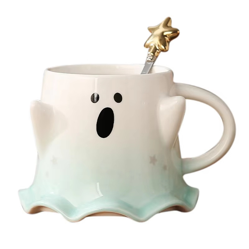 Creativo fantasma taza de cerámica con cuchara de Halloween taza de color gradiente taza de café de leche cubiertos diarios