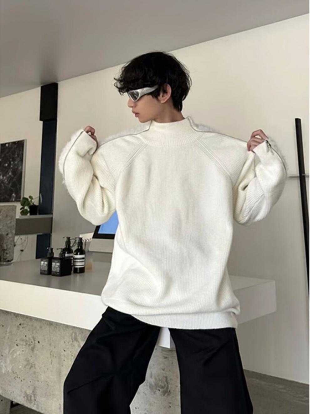 Men's Clothing street zipper sweater brand high street casual deconstruction design loose round neck knitted sweater trend_voghion.com