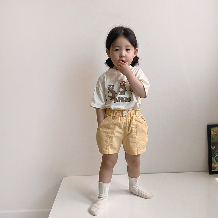韩国童装儿童短袖t恤夏季三只熊字母印花棉男童女童圆领T恤上衣