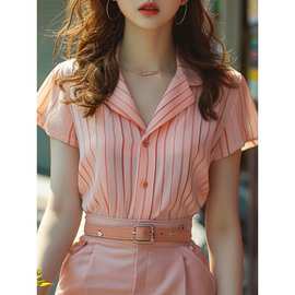 时尚温柔别致粉色竖条纹衬衫女夏季新款女装韩系设计好看小众衬衣