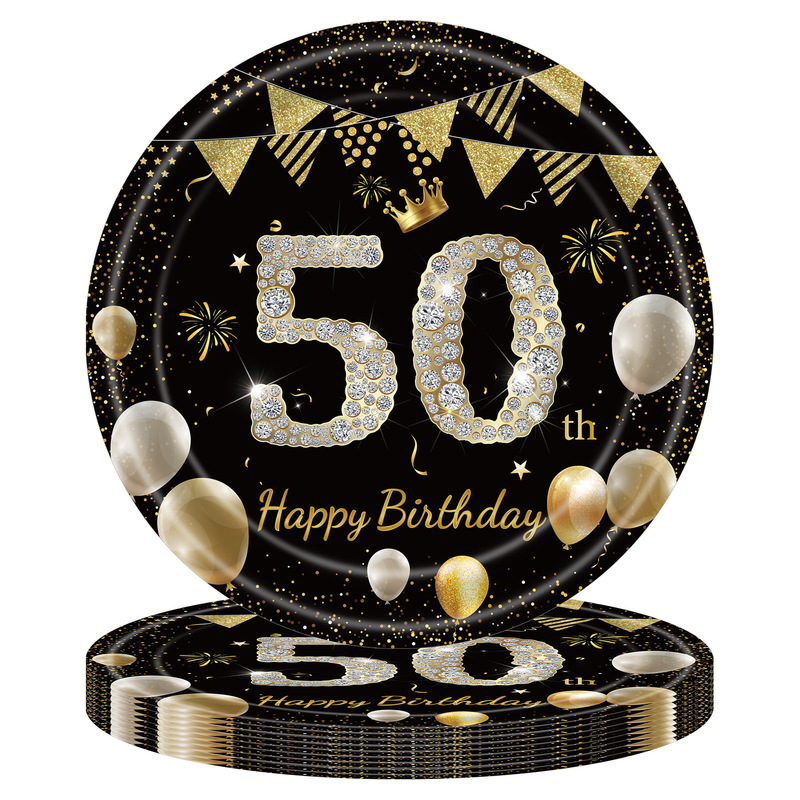 黑金周岁生日派对纸盘21岁30岁100岁纪念日一次性餐盘纸巾桌布|undefined