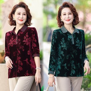 Autumn New Middle-aged and Elderly Women's Gold Velvet Long-sleeved Shirt plus size Mother's Lapel Base Shirt Pullover Top