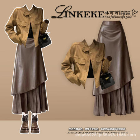 A Complete Set of Wasteland-Style Outfits for Autumn. Super Nice Jackets and Jackets Paired with High-End Fashion Skirts. Two-Piece Set