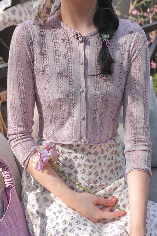 Lace23 Spring Grape Seed Nano Silk Cotton Handmade Hemp Seed Embroidered Grape Middle Sleeve Knitted Short Cardigan Sunscreen Clothing for Women