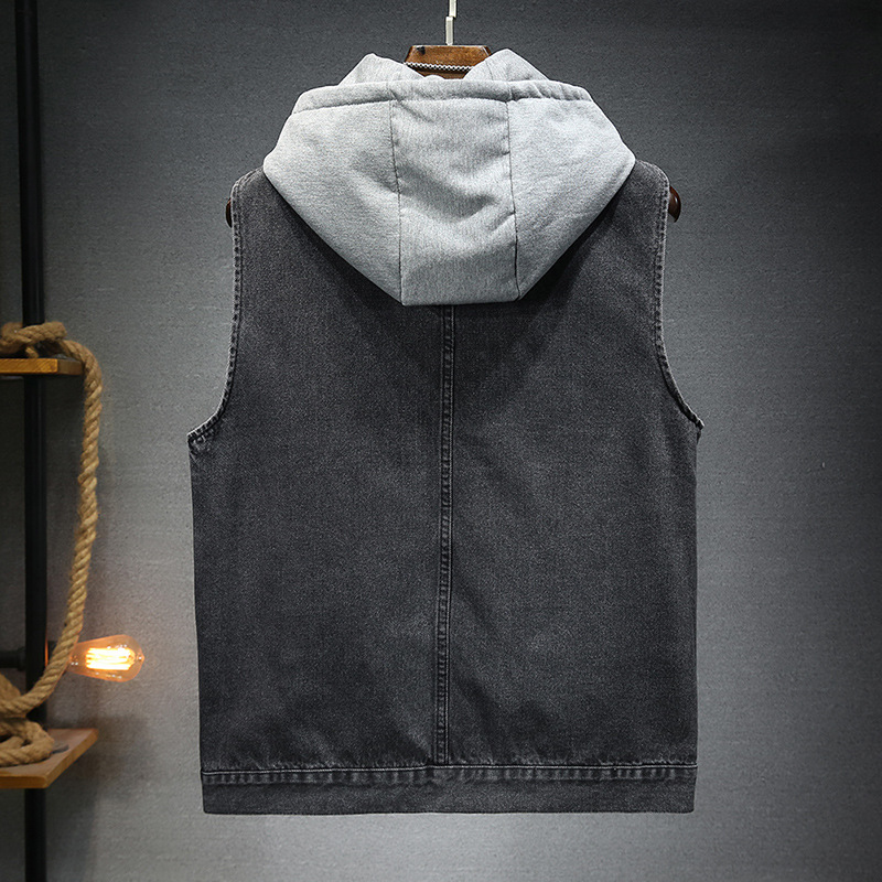 2023 New Trendy Men's Vest Four Seasons Loose and Fashionable Kamp Shoulder Detachable Hooded Cowboy Vest_voghion.com