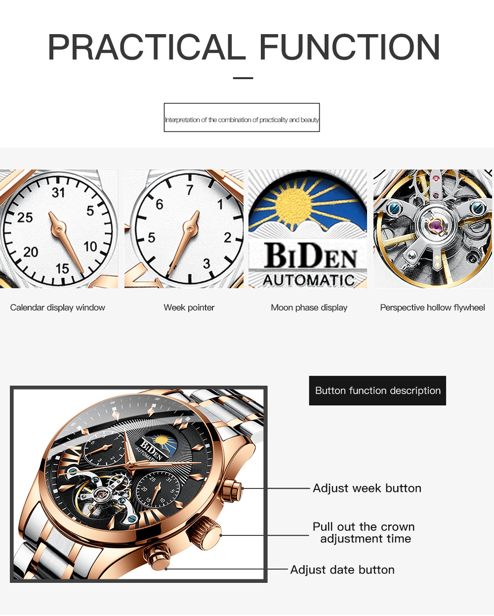 Biden Men's Mechanical Watch Multifunctional Sun Moon Star Luminous_voghion.com