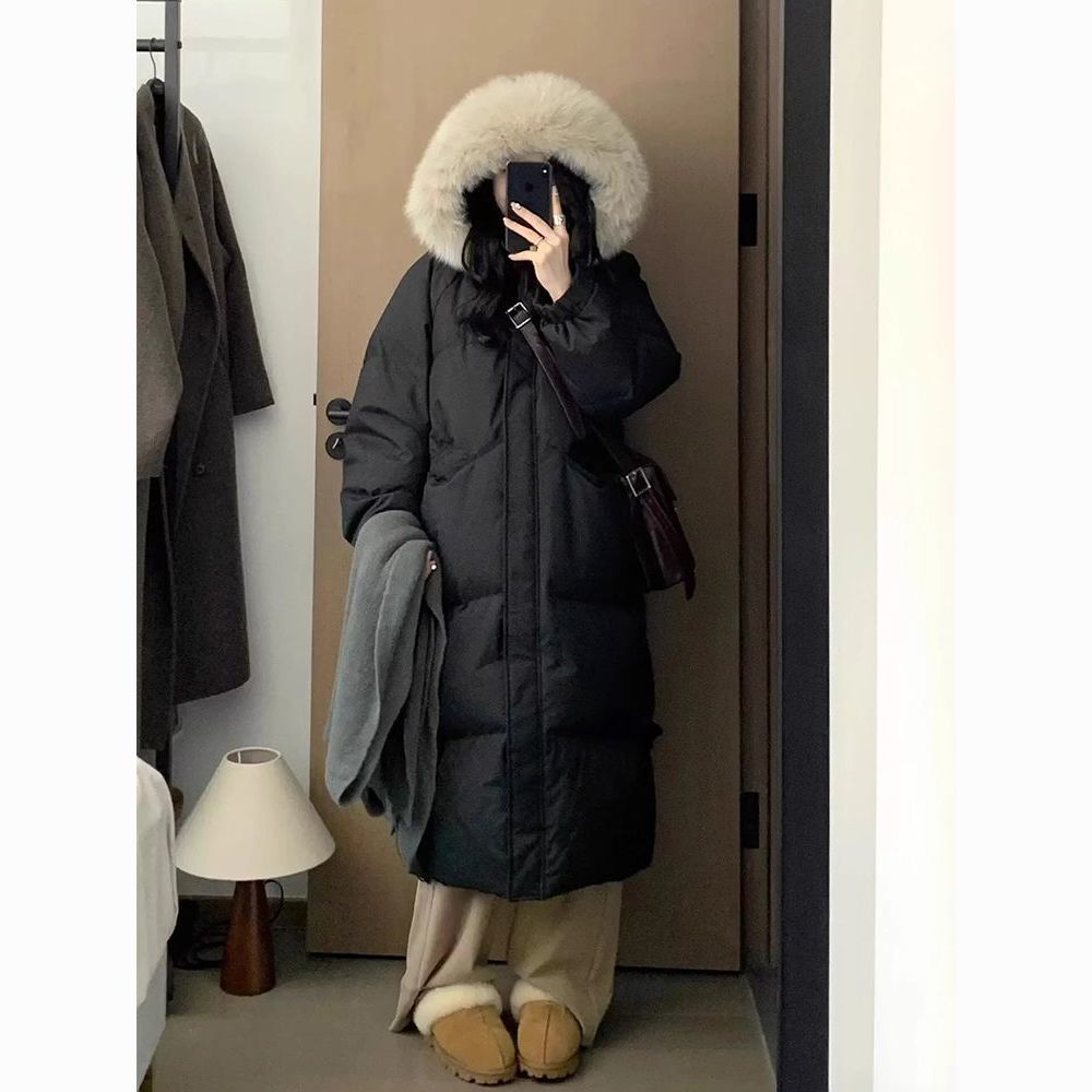 冬季韩系超好看加厚毛领棉服女过膝长款棉袄外套