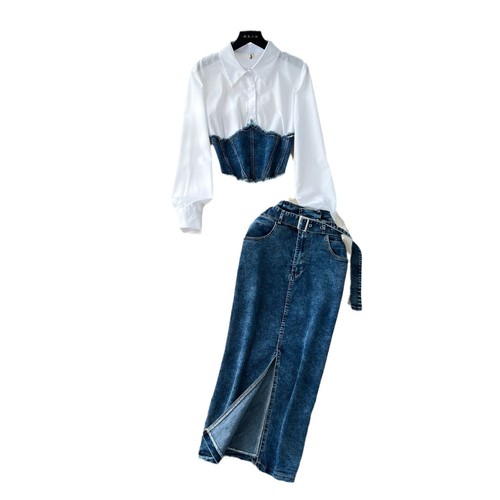 Set: Korean Style Fashion Patchwork Pseudo Two-Piece Long-Sleeve Shirt for Women, Belted Denim Skirt, Two-Piece Set