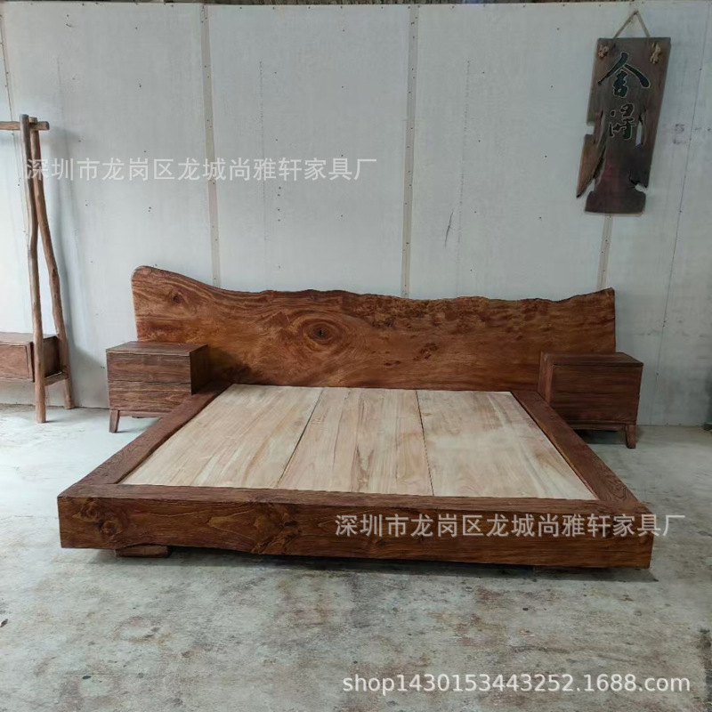 Wabi-Sabi Style Solid Wood Large Board Bed with Unique Design 2026 Vintage Style Natural Wood Double Bed for Hotel and Homestay Bedrooms Wabi-Sabi Style Solid Wood Large Board Bed with Unique Design 2026 Vintage Style Natural Wood Double Bed for Hotel and Homestay Bedrooms