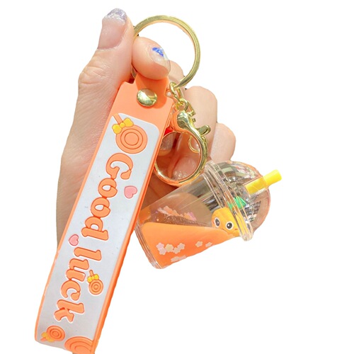 Creative fruit strawberry pineapple milk tea cup key chain floating quicksand into oil pendant car key chain bag pendant