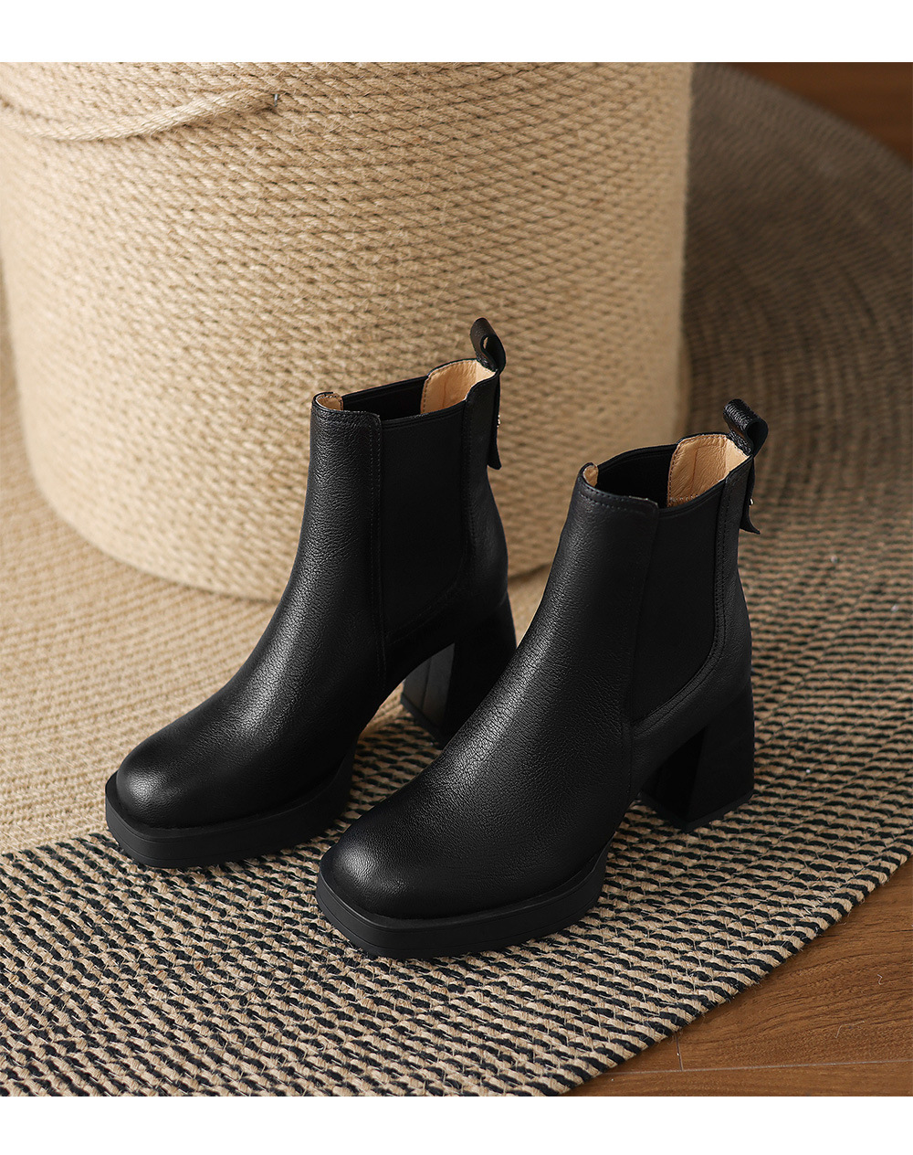 Boot Chelsea cổ ngắn mũi vuông da dê mềm, gót dày platform, phong cách cổ điển, dáng slip-on thu đông — nhung đen, Nhung nâu, Lớp lót đơn màu đen, Lớp lót đơn màu nâu chi tiết 17