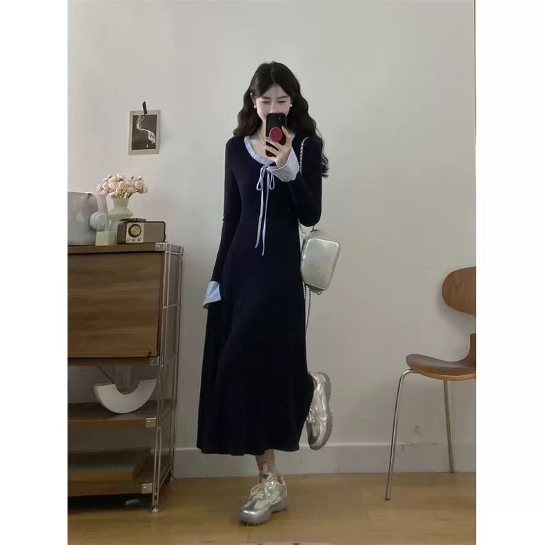 大码法式蝴蝶结系带针织连衣裙女2025秋冬胖mm设计感拼接边长裙子|undefined