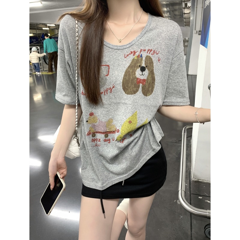 Summer 2026 Dog Print U-Neck Short-Sleeve T-Shirt for Women, Thin and Youthful, Casual and Lazy Style Inner Wear Top