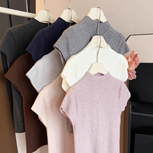 新款纯色半高领针织衫正肩短袖女早秋新款修身显瘦小飞袖气质上衣