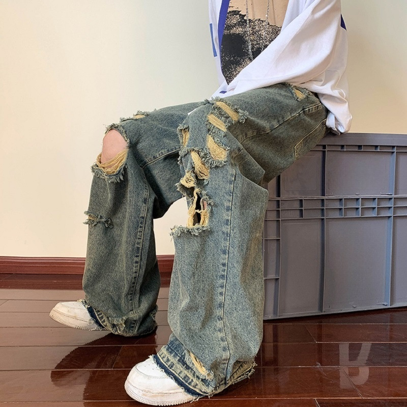 High street ripped mid-waist jeans men's retro beggar distressed loose slimming bf straight wide-leg mopping trousers